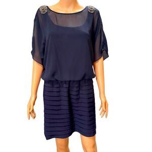 R&M Richards Navy Sheer Overlay Pleated Dress Size 8